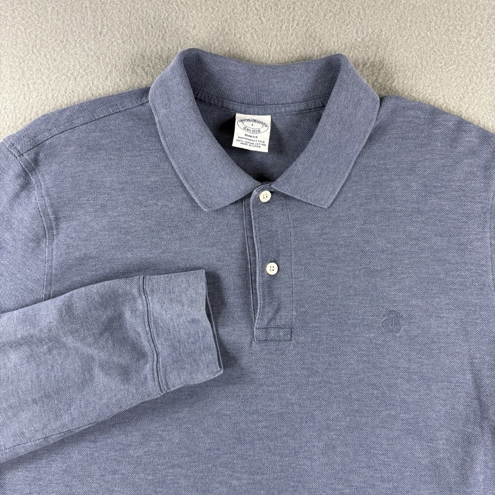 Brooks Brothers Slim Fit Mens L Performance Polo Long Sleeve Blue Supima Cotton